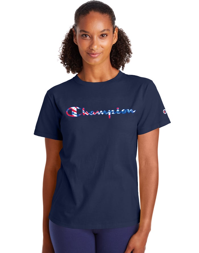 Champion Womens T-Shirt NZ - Classic Script Tie-Dye Logo Navy ( 4028-CYRLD )